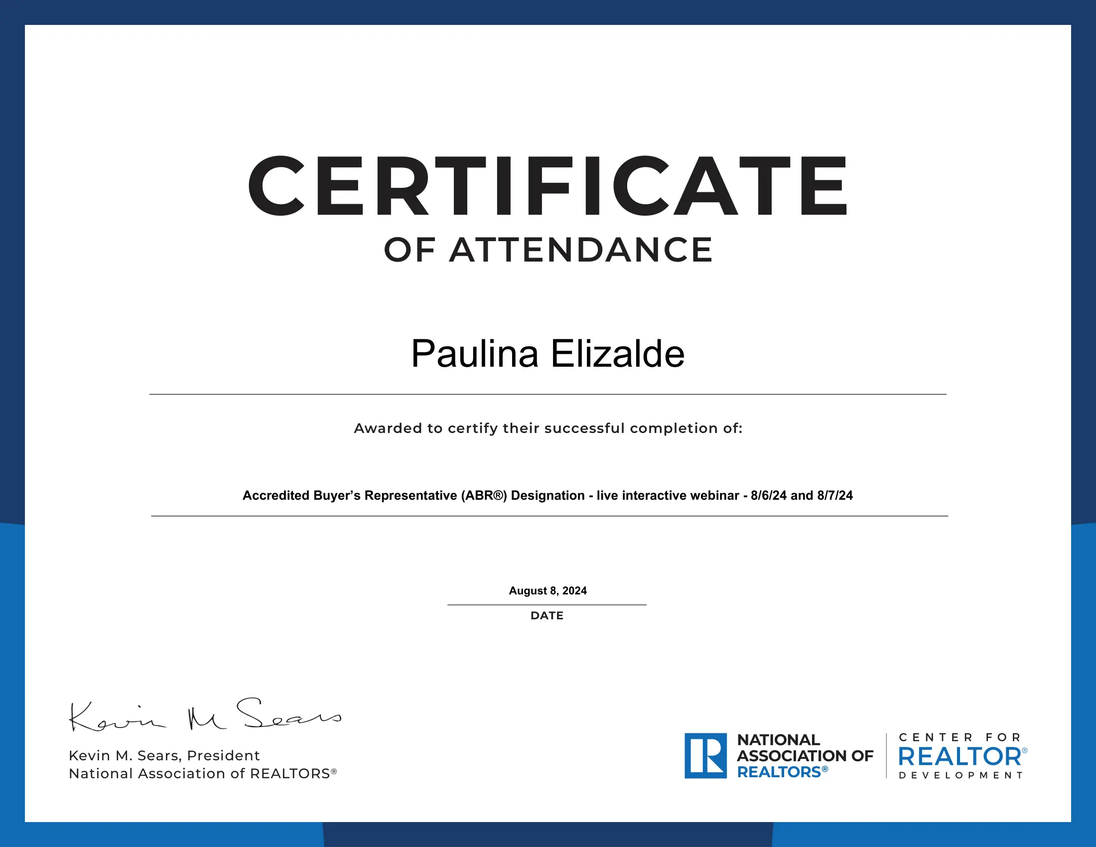 Paulina Elizalde Accredited Buyer's Representative certificate