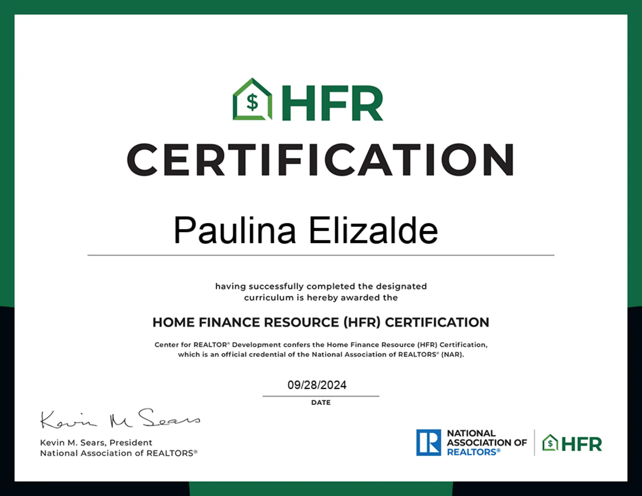 Paulina Elizalde HFR professional real estate certificate